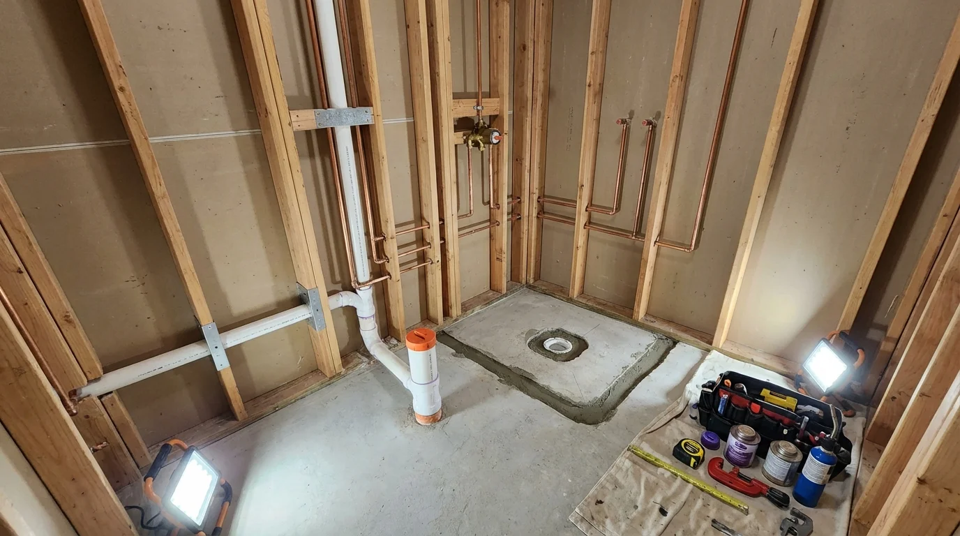 Bathroom rough-in plumbing during remodel by Johns Plumbing LLC in Concord