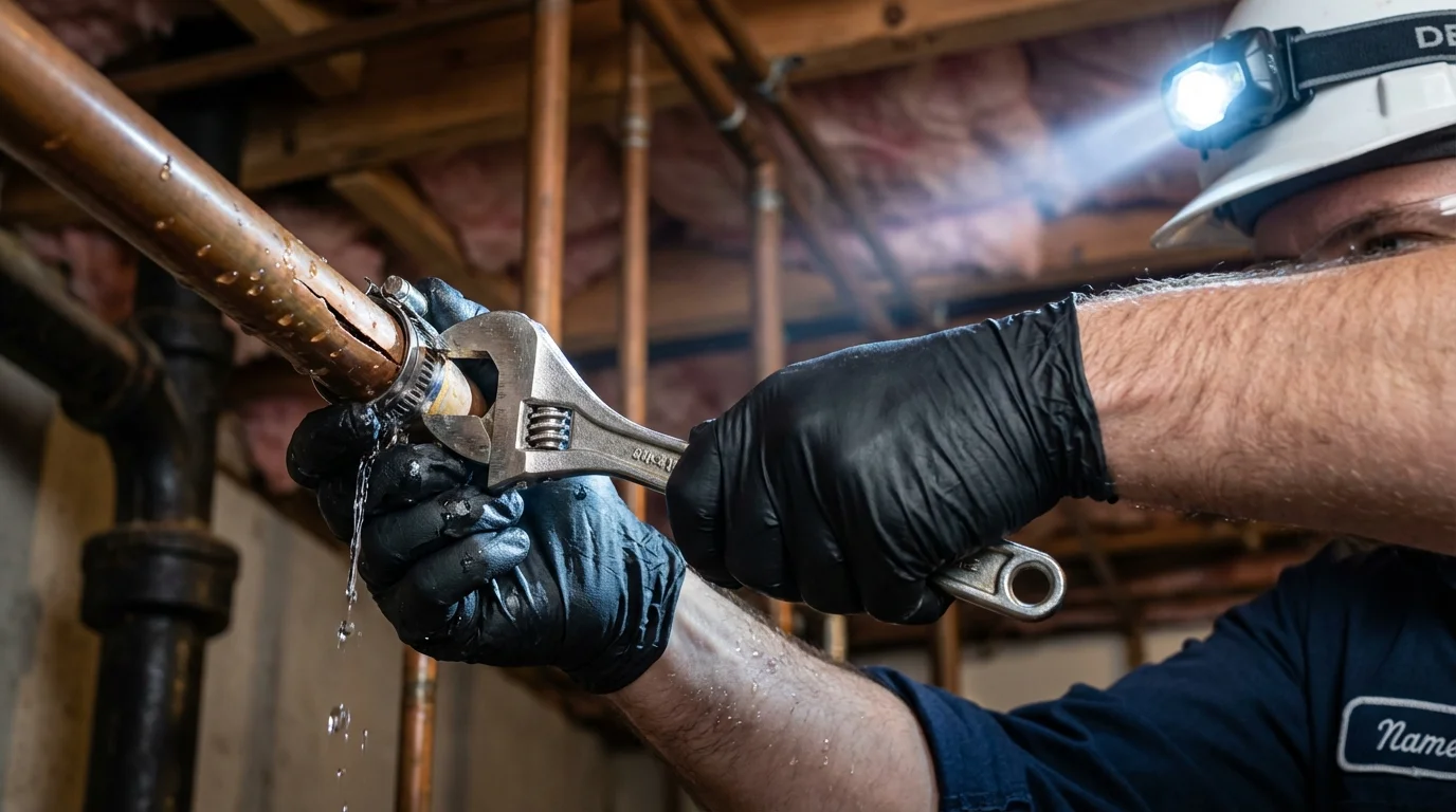 Emergency pipe clamp repair being performed by a Johns Plumbing LLC plumber in Concord
