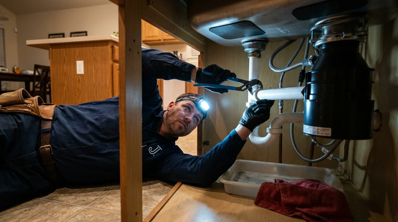 P-trap and supply line connections under a kitchen sink showing a common leak point in Concord, NH